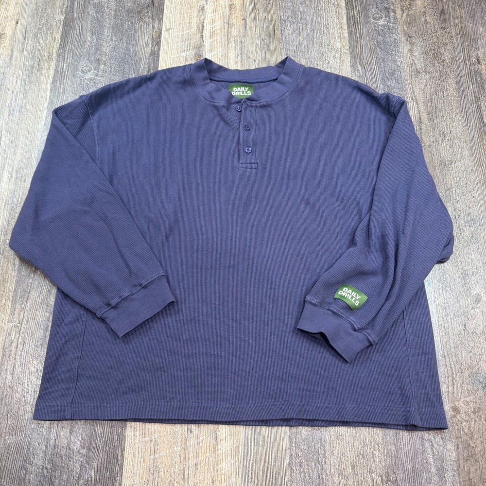 Daily Drills Henley Top Women M/L Navy Blue Oversized Waffle Knit Long Sleeve